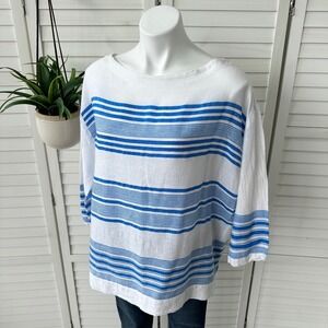 Lemlem Slub Blouse Top White Blue Grecian Striped 3/4 Sleeve Boatneck Size L